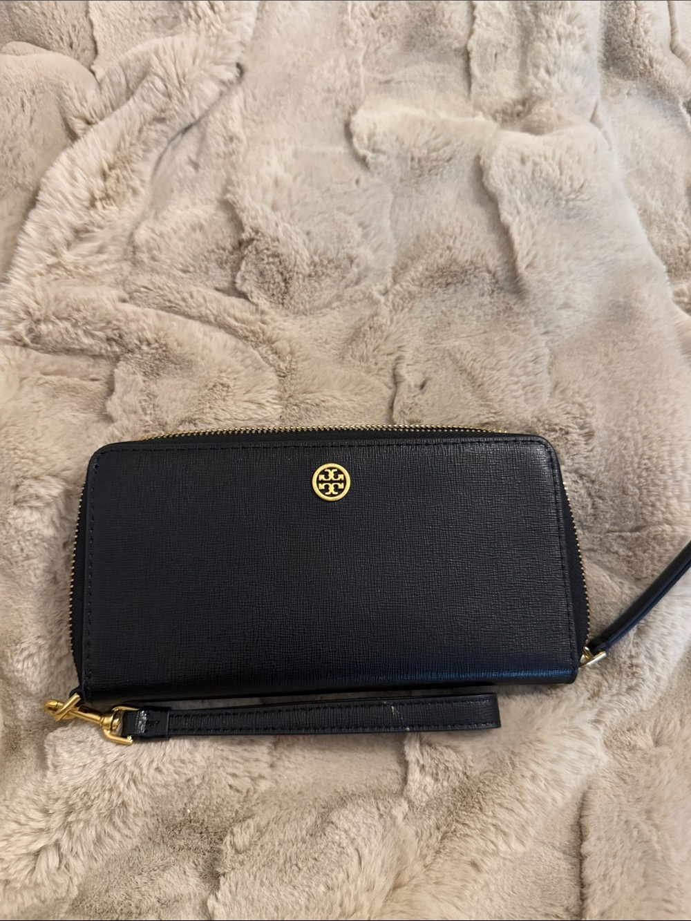 Tory Burch Black Leather Zip-Around Wristlet Wallet with Gold Logo